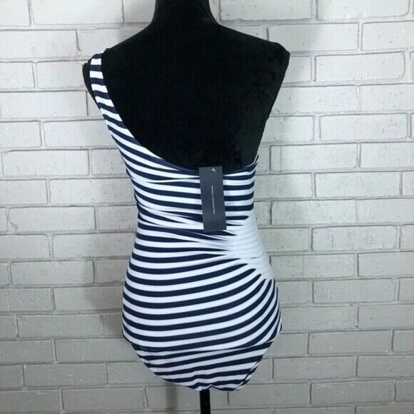 French Connection OneShoulder Navy Stripe Swimsuit - Picture 7 of 8